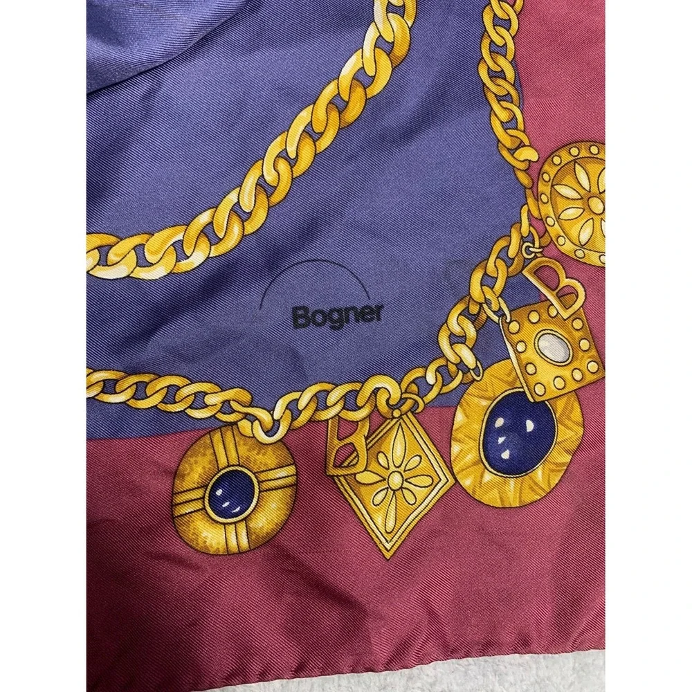 Bogner Vintage Silk Square Scarf Blue Burgundy Gold Chain Crest Made in Italy